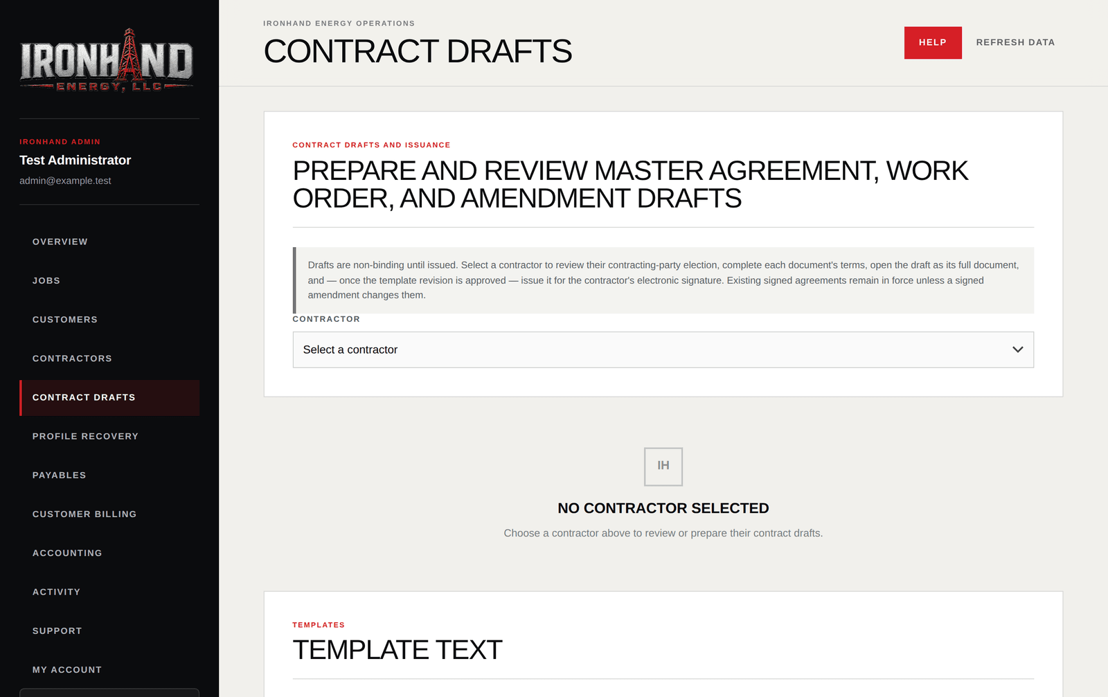 The Contracts screen with template revisions and issued documents